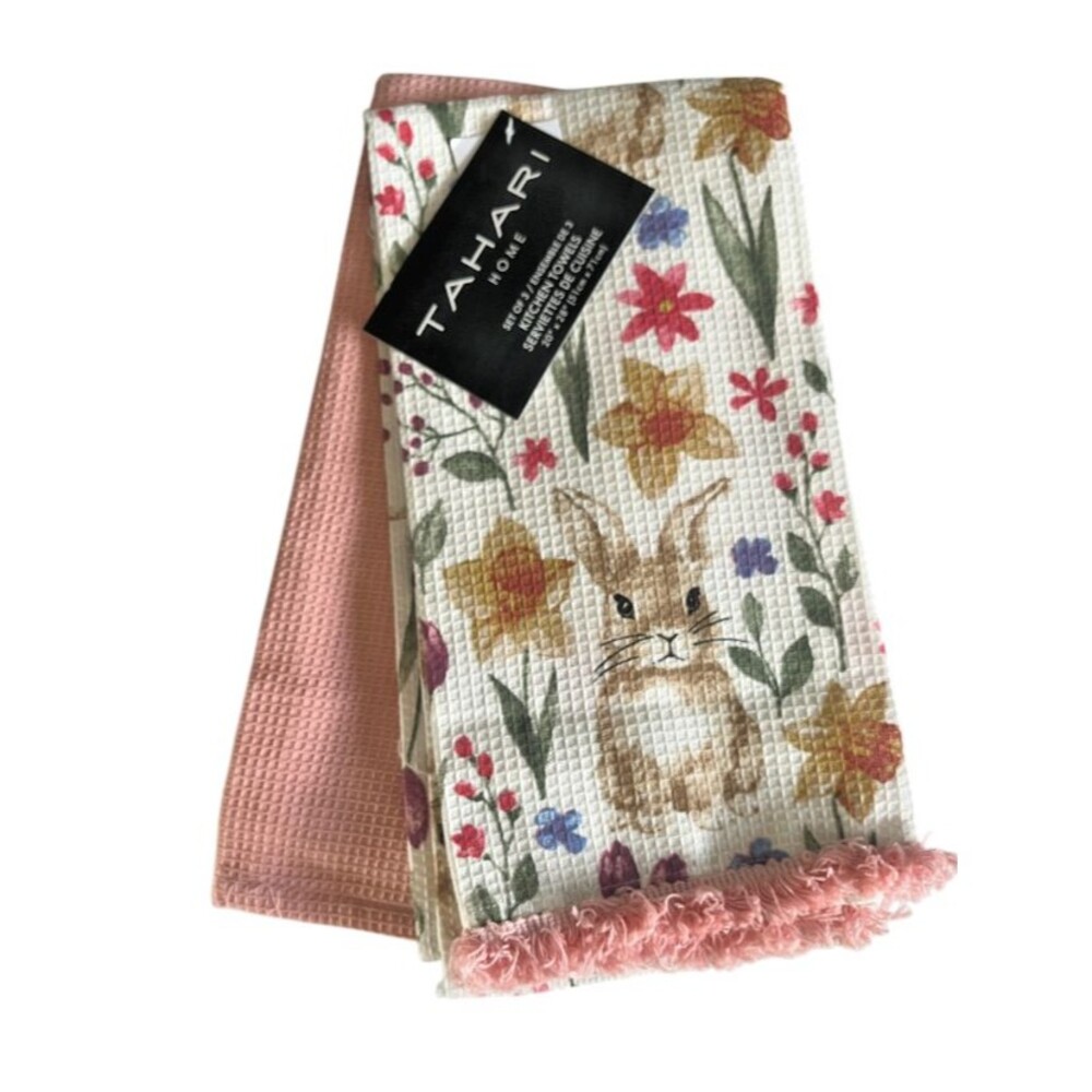 Tahari Easter Bunny Kitchen 2 Dish Towels Fringe Edge Waffle Weave Pink White